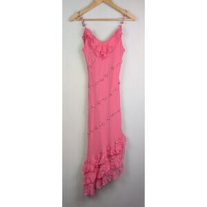Vintage Y2K Pink Rosette Beaded Silk Asymmetrical Ruffle Dress Fairy 4
